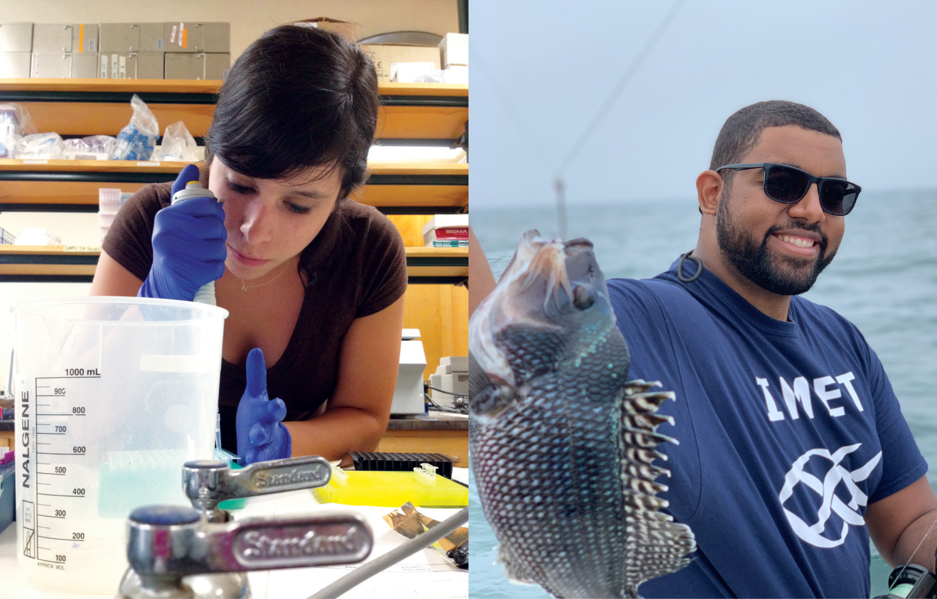 Ana Sosa pipetting in a lab and Ben Frey holding a fish