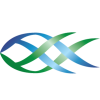 An abstract logo made of interwoven blue and green curved shapes that creates the image of a fish.