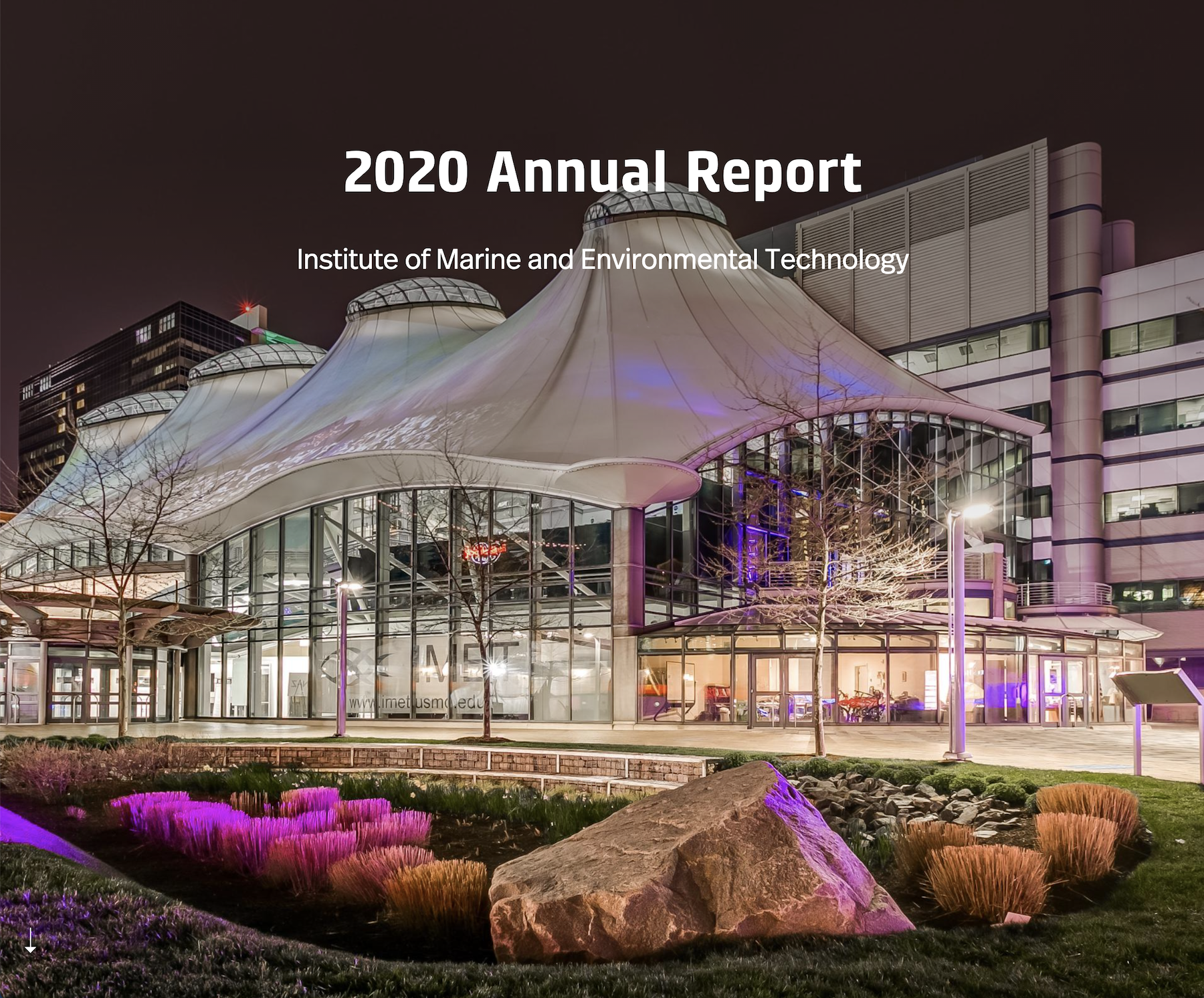 image of IMET at night with text, "2020 Annual Report"